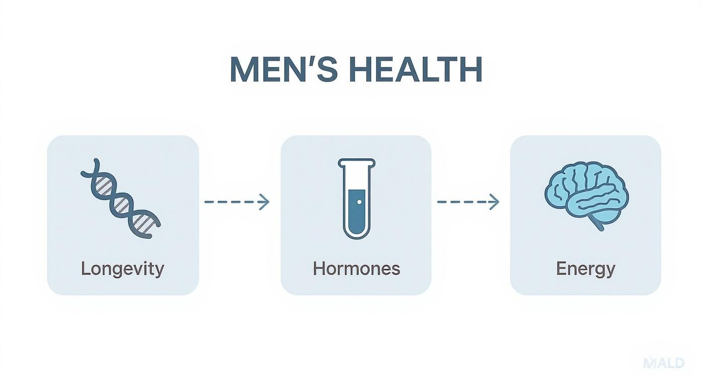 Infographic showing men's health involves longevity (DNA), hormones (test tube), and energy (brain).