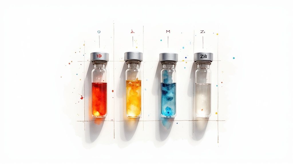 Four glass vials with colorful liquids, labeled and arranged on a white background, suggesting medical testing.