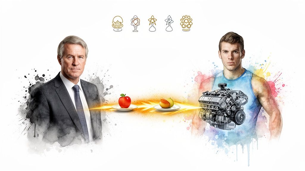 Two men, fruit, and an engine connected by light, symbolizing nutrition and energy.
