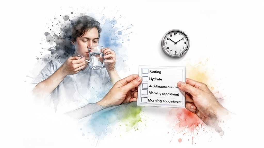 A person taking a pill with water, next to a checklist for medical preparation, including 'Fasting' and 'Hydrate' marked, with a clock.