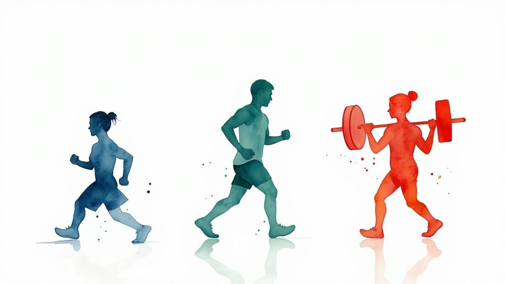Stylized watercolor illustration of three diverse fitness figures: two runners and a weightlifter.