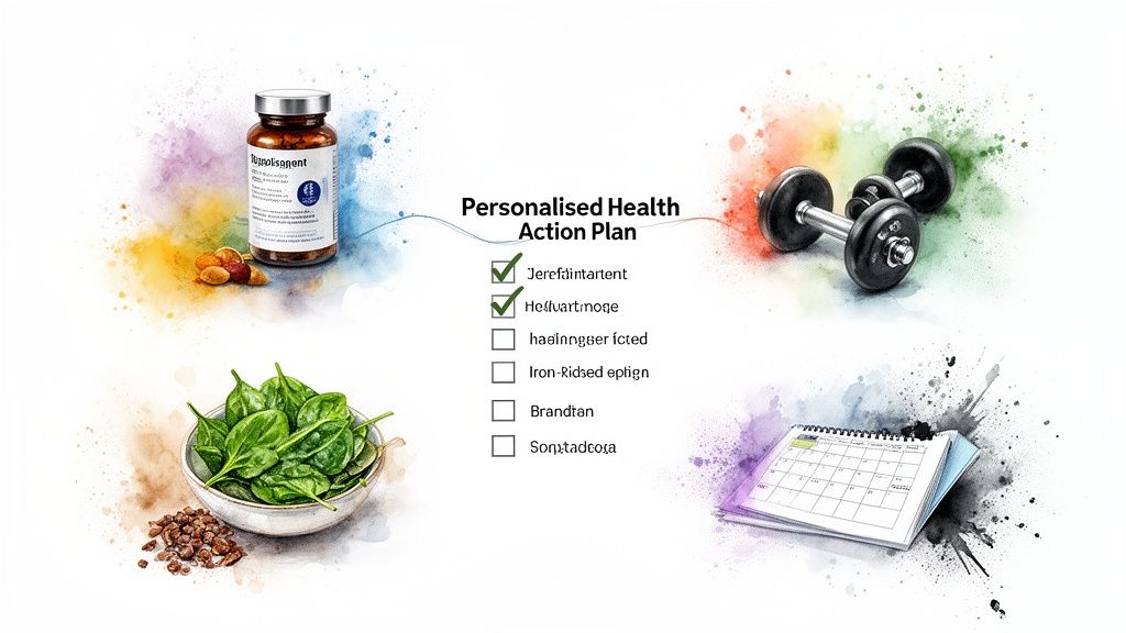 A personalized health plan featuring supplements, healthy food, dumbbells, and a calendar for wellness.