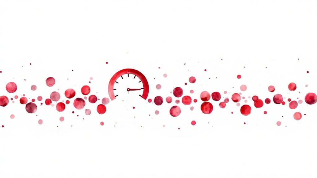Abstract watercolor illustration with scattered red and pink circles and a central red dial.