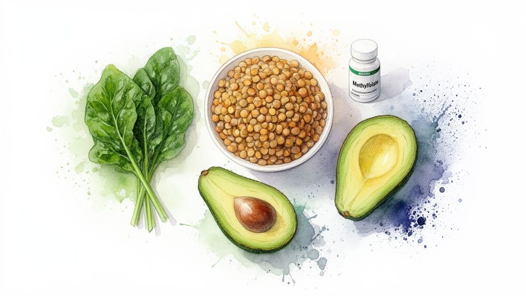 A watercolor illustration of spinach, lentils, avocados, and a Methylfolate supplement, representing folate sources.