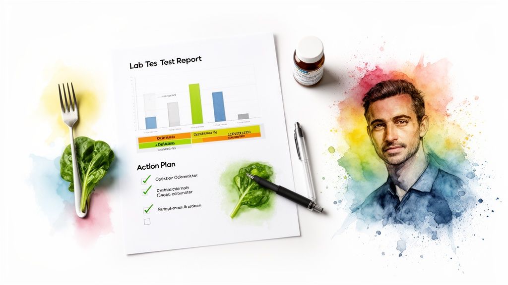 Lab report with a health action plan, spinach, supplement bottle, and a man's watercolor portrait.