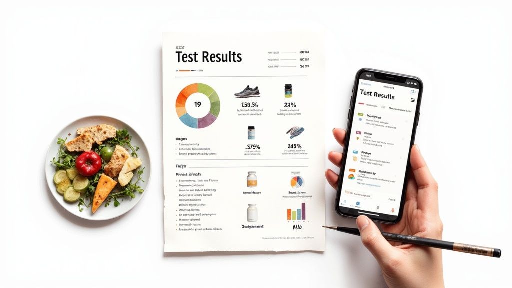 A person reviewing their at-home health test results on a tablet, with fresh vegetables and a glass of water nearby.