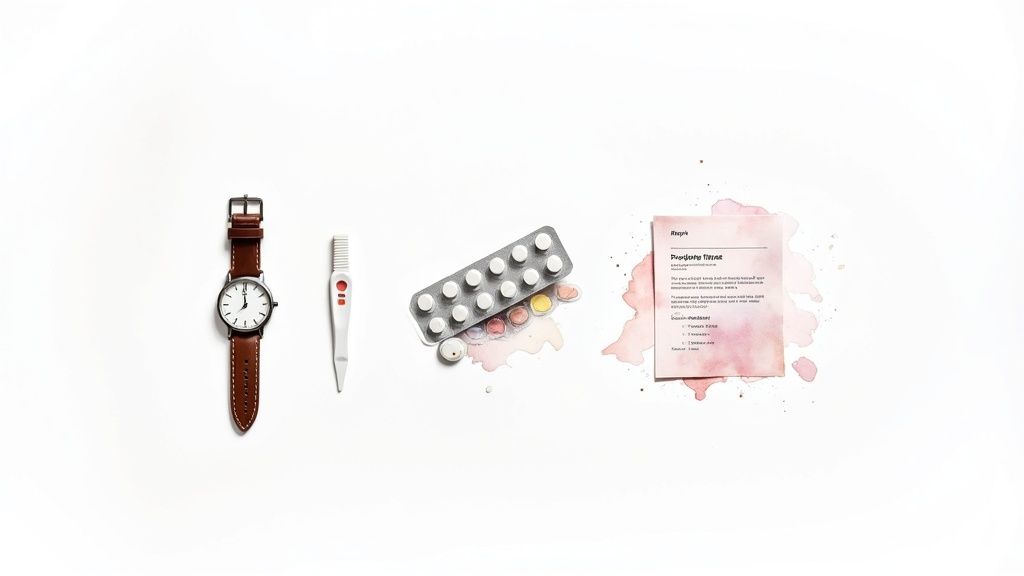 A flat lay of a brown watch, white pregnancy test, pill pack, and a pink document.