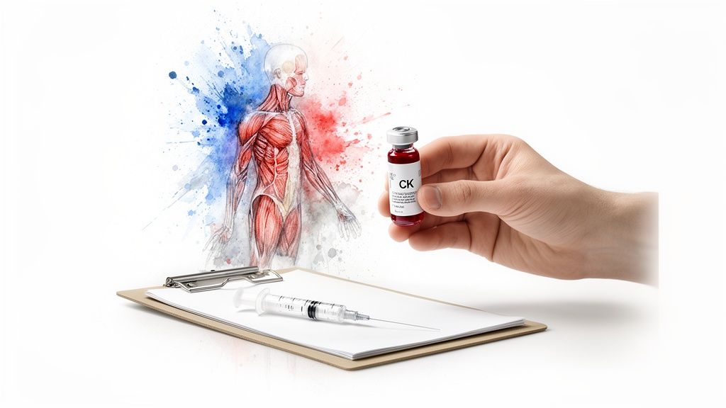 Watercolor illustration of human muscles alongside a hand holding a CK vial and a syringe on a clipboard.