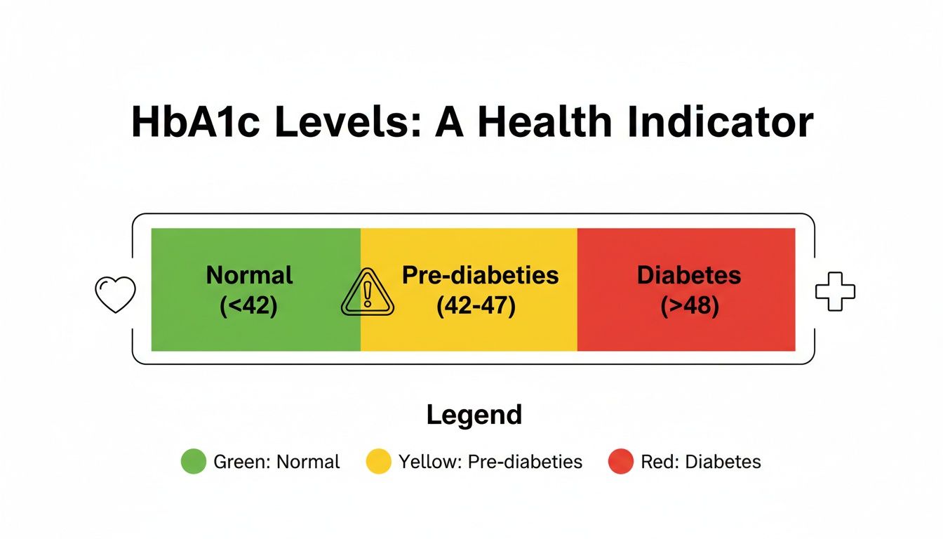 An HbA1c levels chart displaying normal, pre-diabetes, and diabetes ranges with color coding.