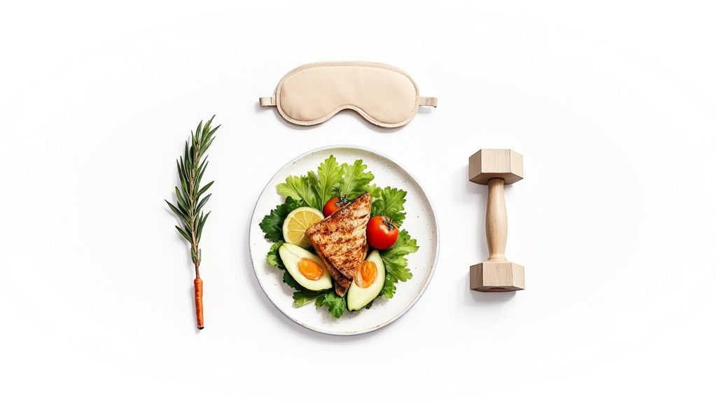 Flat lay of healthy lifestyle items: balanced meal, sleep mask, dumbbell, and herbs on white.