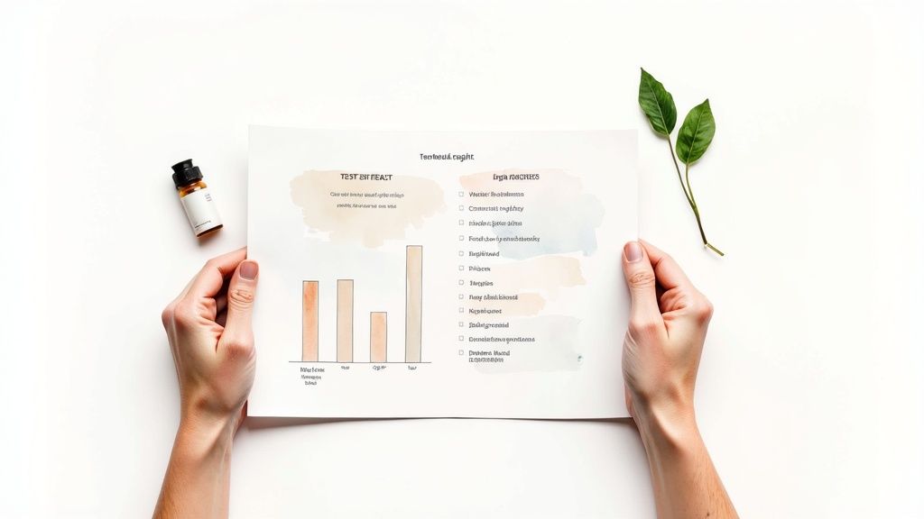 A person reviewing their vitamin test results on a tablet, with a healthy meal in the background.