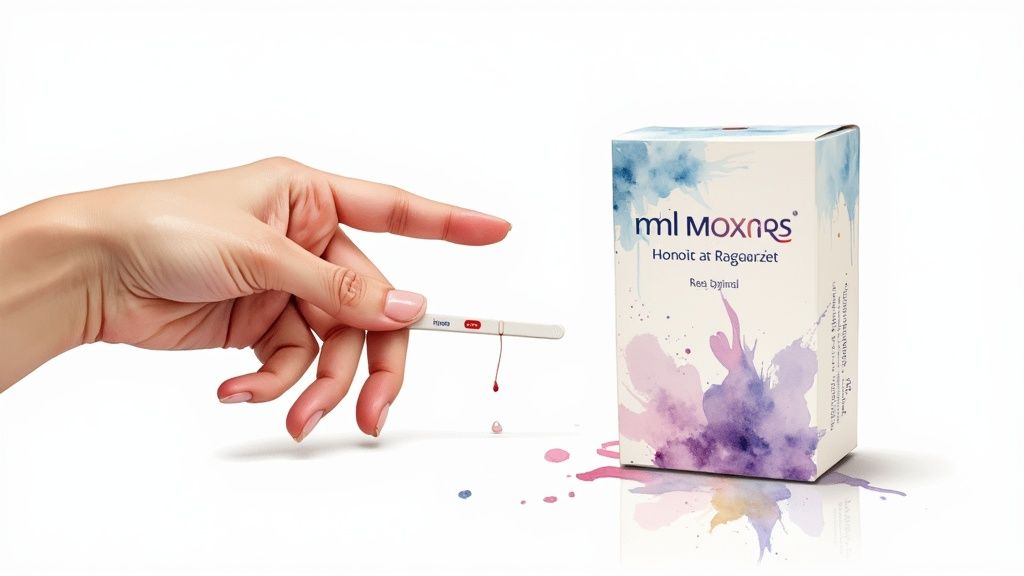 A person using an at-home vitamin deficiency test kit with a lancet and collection tube.