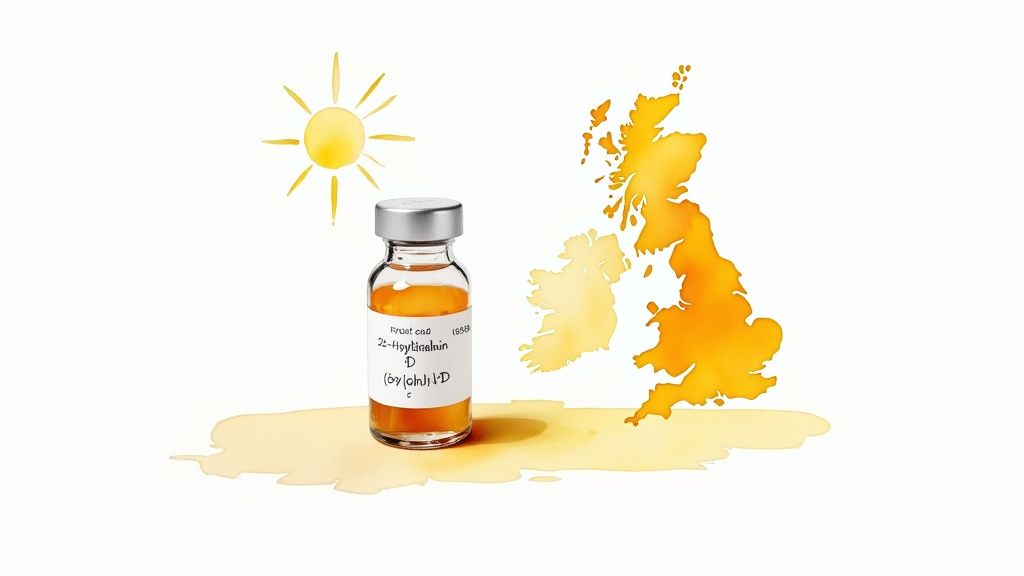 A vitamin D vial, a sun icon, and a map of the British Isles, suggesting vitamin D.