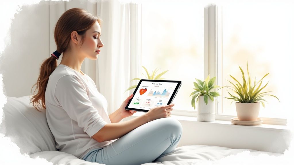 A person using an at-home health test kit with a laptop and coffee nearby, symbolizing proactive health management.
