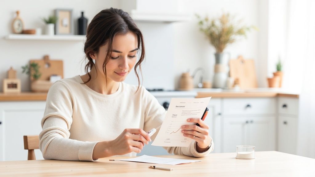 Woman pricking her finger for an-home hormone test, looking focused and in control.