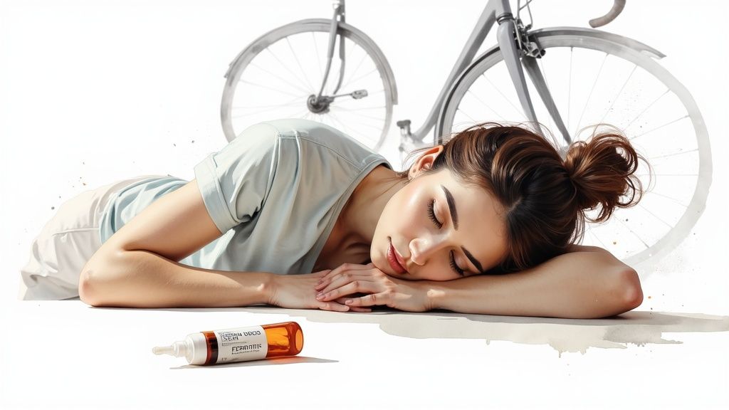 A woman rests her head on her arms, eyes closed, with a vitamin bottle nearby and a bicycle in the background.