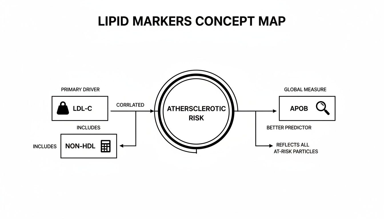Concept map illustrating lipid markers, atherosclerotic risk, and the roles of LDL-C, Non-HDL, and APOB.
