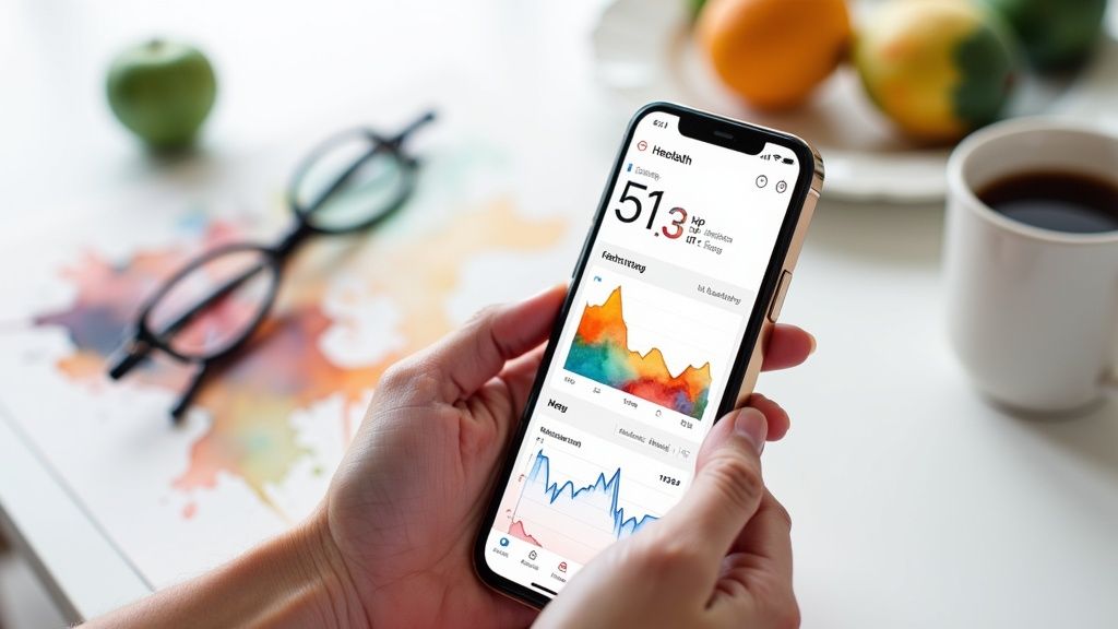A person looking at a health tracking app on their smartphone, which displays graphs of their cholesterol trends over time.