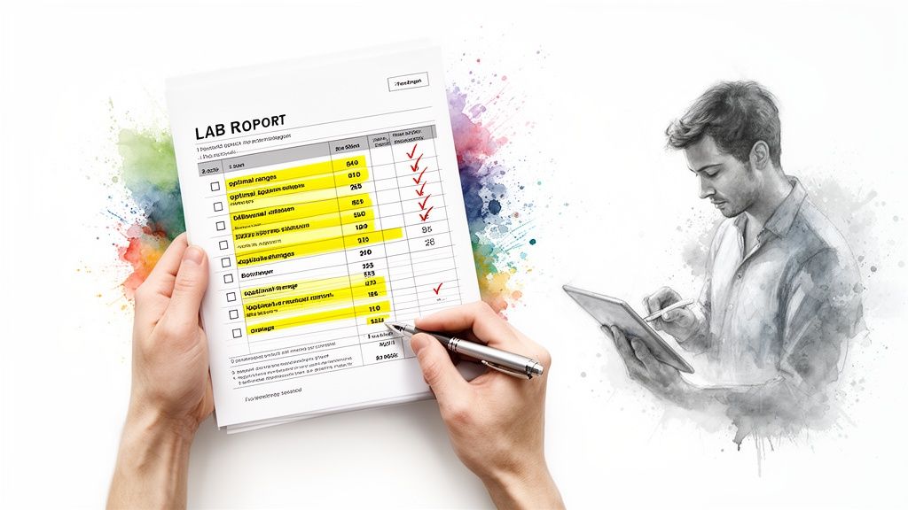 Hands reviewing a highlighted lab report, with a person digitally analyzing test results.