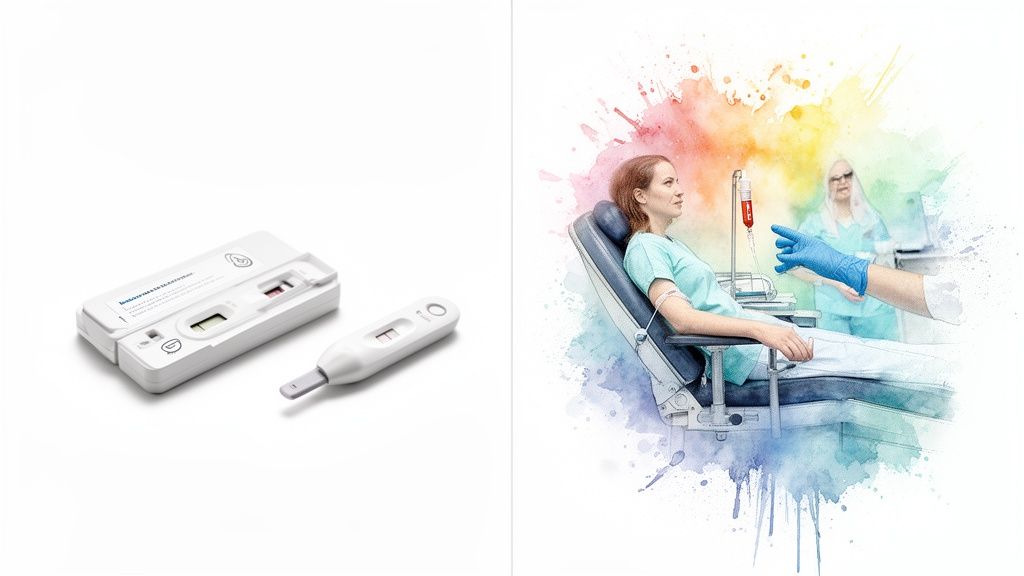 Medical diagnostic devices next to a woman receiving a blood test with watercolor splashes.