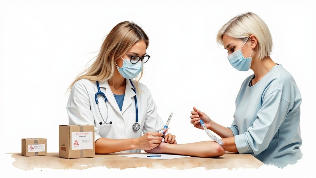 A masked medical professional guides a patient through an at-home blood test using a kit.