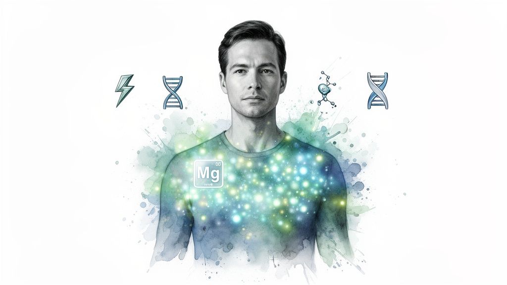 Illustration of a man with glowing magnesium symbol and particles, surrounded by DNA and energy icons.