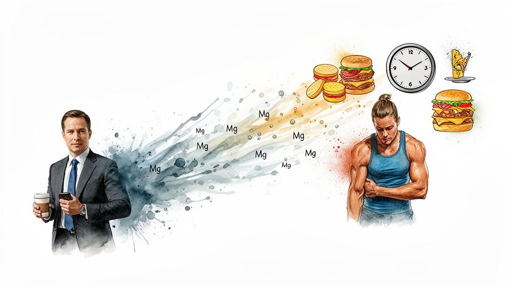 A businessman and a fit man with fast food and a clock, illustrating magnesium levels and lifestyle factors.