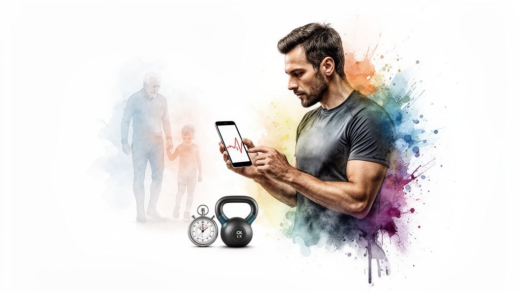 A man checking heart rate on a smartphone, with fitness gear and generational figures.