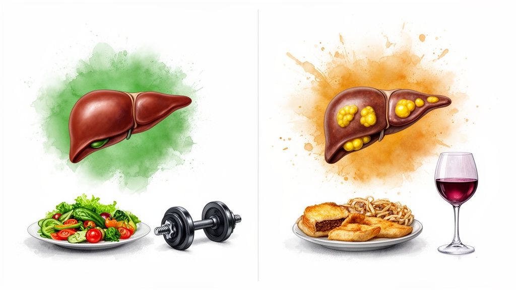 Illustration contrasting a healthy liver with salad and exercise, and an unhealthy liver with fatty foods and wine.