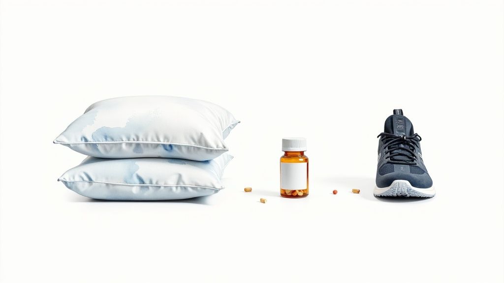 A stack of two white pillows, an amber pill bottle with scattered pills, and a single running shoe.