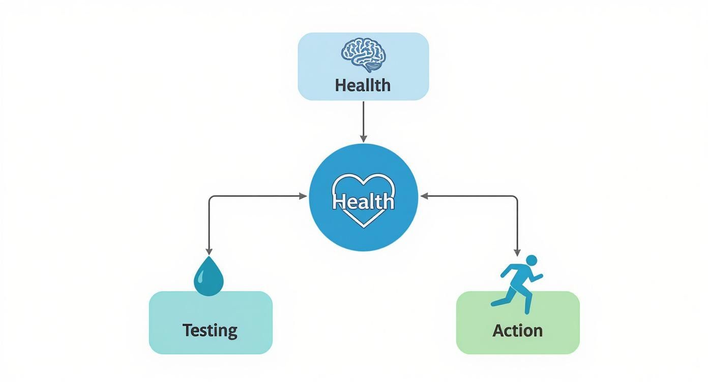 Flowchart depicting health as a cycle: mental health feeds core health, which drives testing and action.