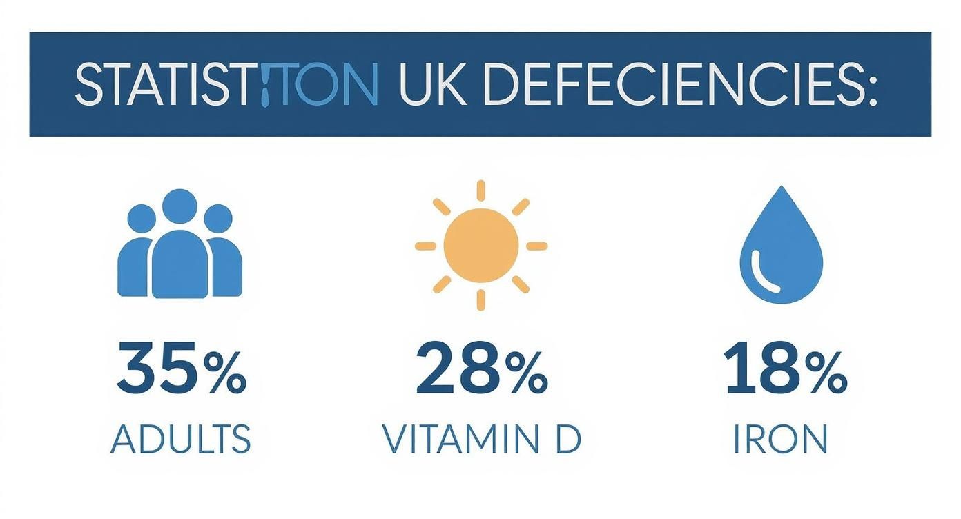 Infographic showing common nutrient deficiencies in the UK, including 35% of adults, 28% for Vitamin D, and 18% for iron.
