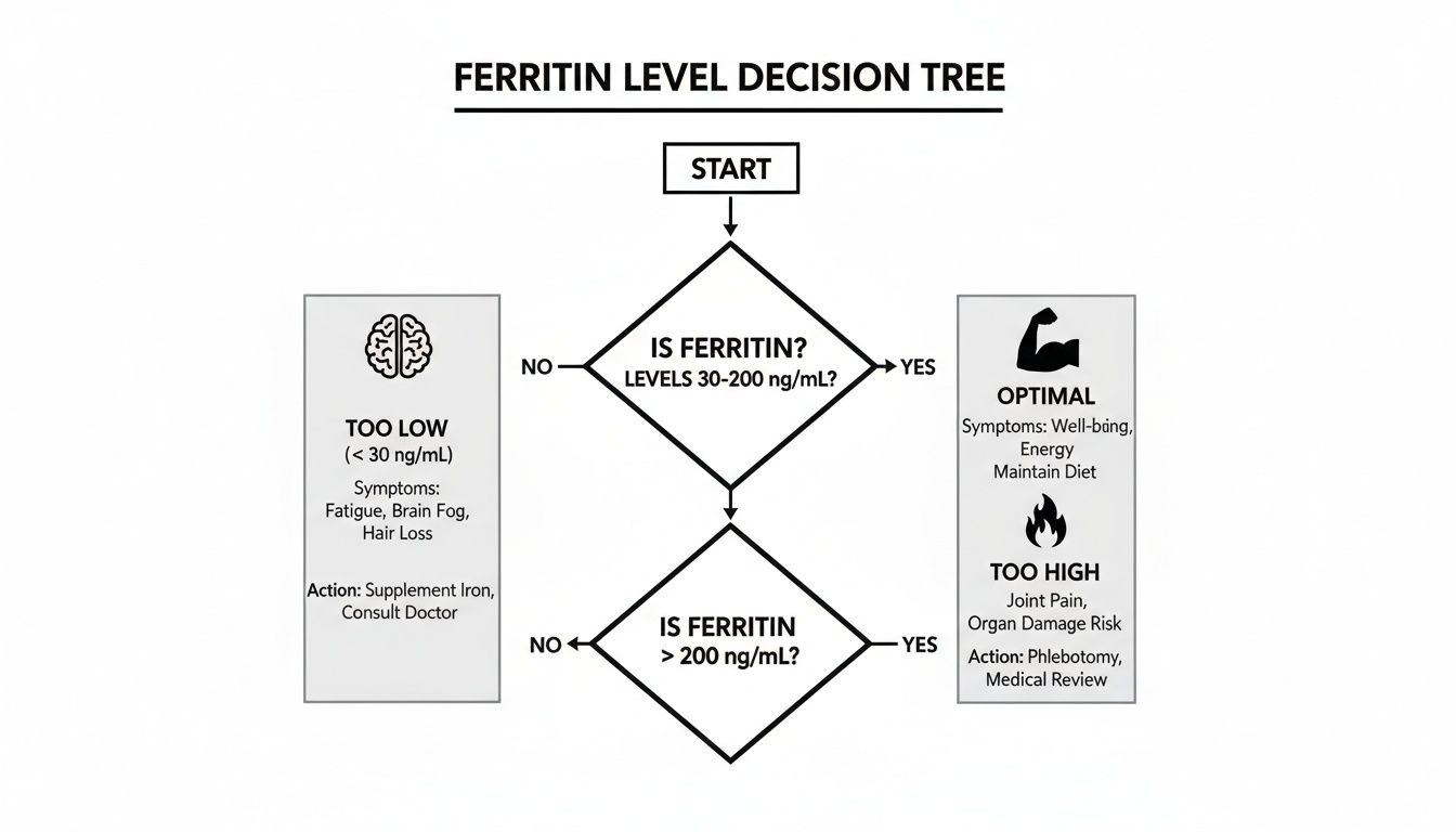 Ferritin level decision tree illustrating too low, optimal, and too high ranges with symptoms and actions.
