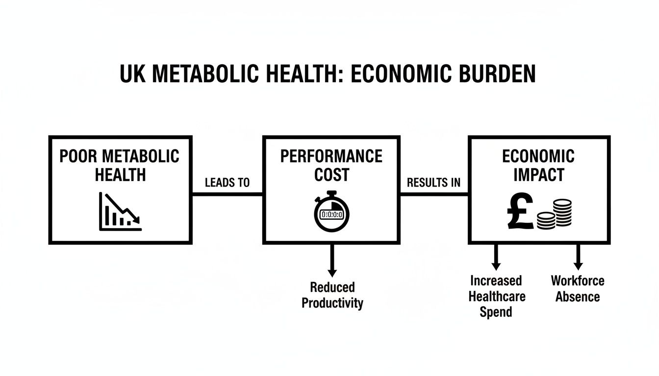 Flowchart illustrating the UK economic burden of poor metabolic health, detailing impacts on productivity and healthcare.