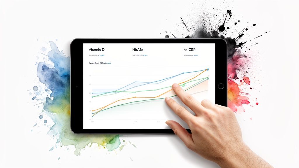 A hand interacts with a tablet displaying graphs of blood test results for Vitamin D, HbA1c, and hs-CRP.