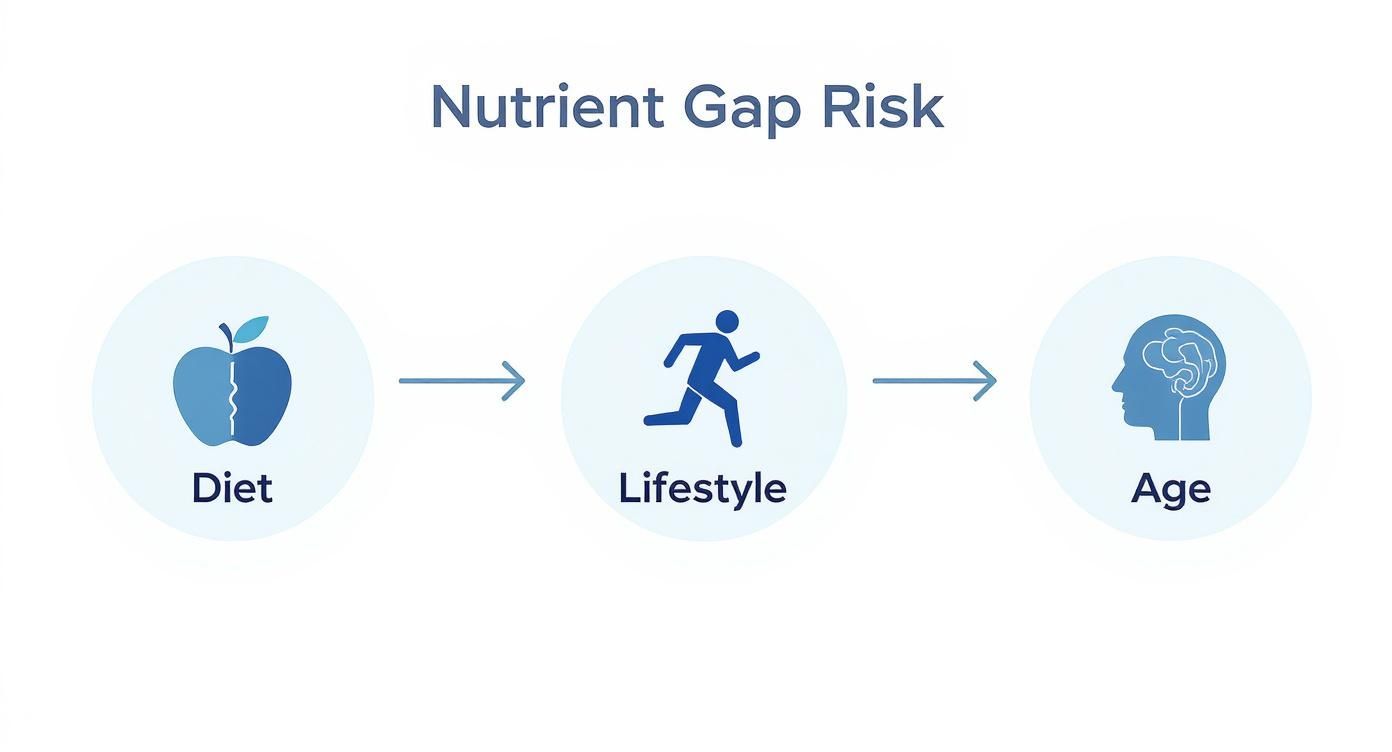 Infographic showing a process flow of how diet, lifestyle, and age can lead to a risk of nutrient gaps.