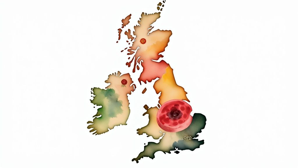 A stylised map of the UK with icons representing common nutrient deficiencies like Vitamin D (sun) and iron.
