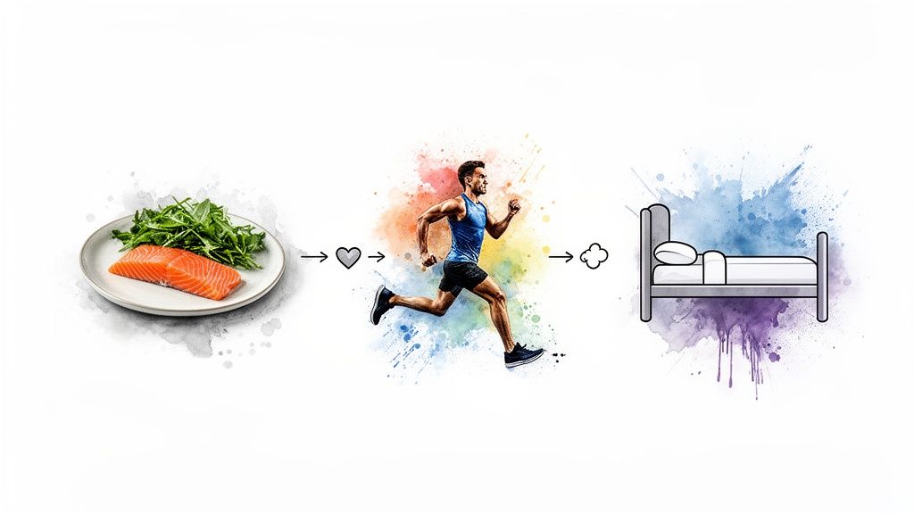 Illustration showing a healthy lifestyle path: nutritious meal, exercise, and restful sleep.