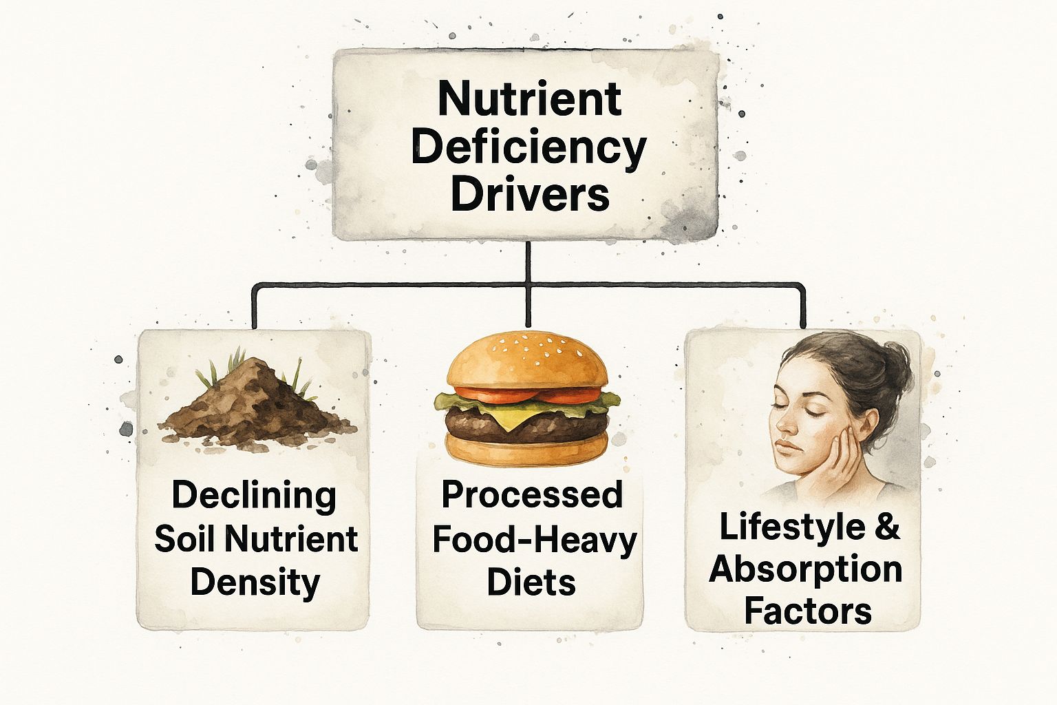 Infographic illustrating the main drivers of nutrient deficiencies in the UK, including declining soil quality, processed diets, and lifestyle factors.