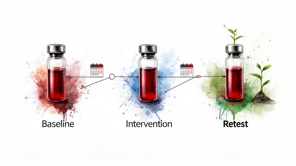 A three-stage timeline showing blood tests: Baseline, Intervention, and Retest, with a plant growing at retest.
