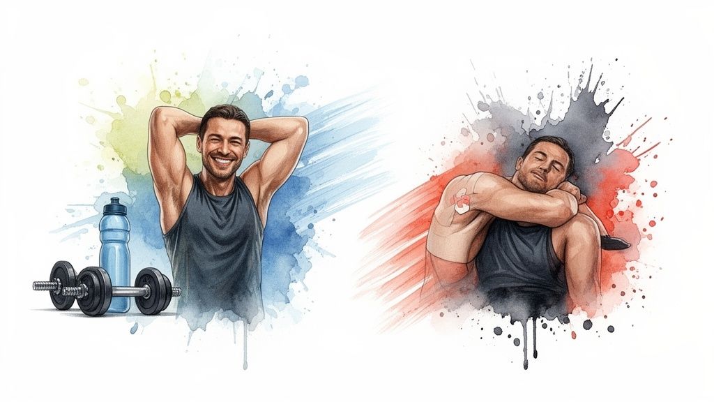 Watercolor illustration of a man exercising with dumbbells and a man resting, symbolizing fitness and recovery.