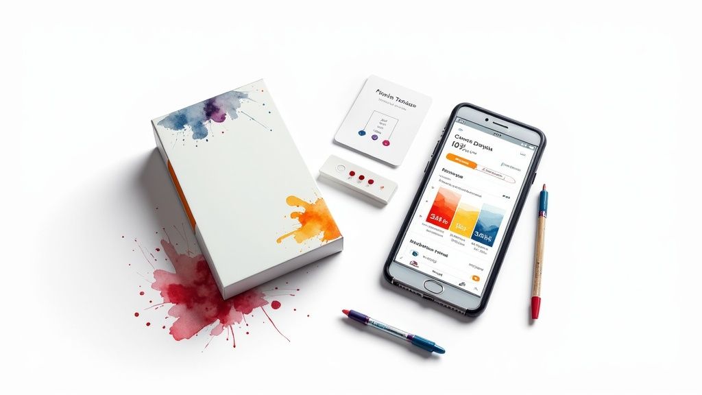 A white box with watercolor splashes, a smartphone showing a health app, a small device, and pens on a white background.