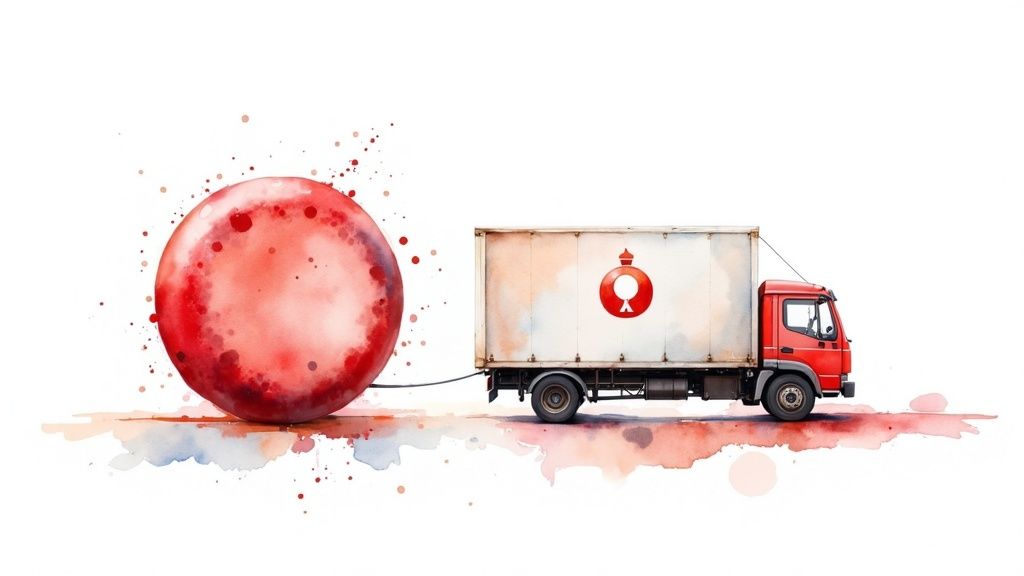 Watercolor illustration of a red delivery truck pulling a giant red sphere with a rope.