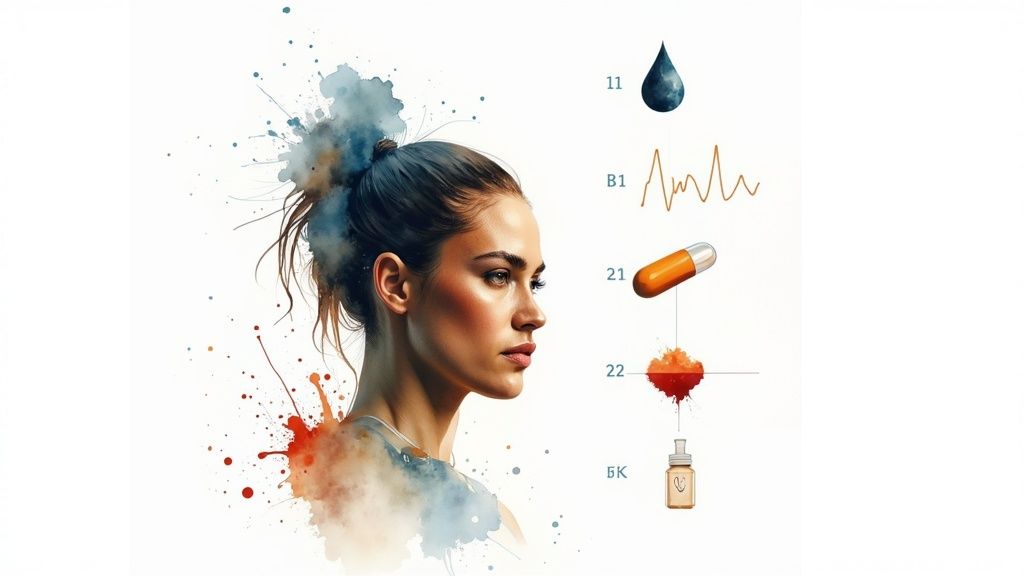 Artistic portrait of a woman's profile next to an infographic on health and supplements.