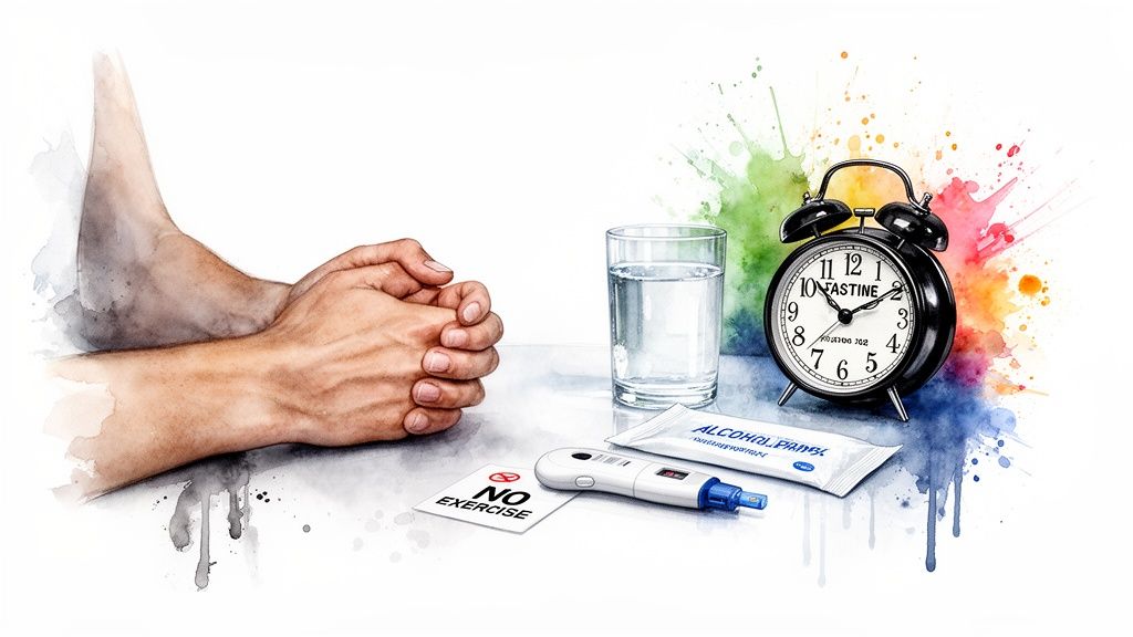 A watercolor illustration of hands, an alarm clock, water, and home health testing supplies.