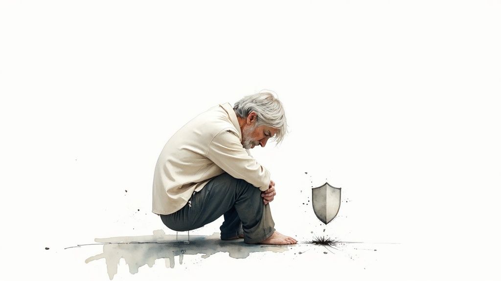 A vulnerable elderly man sits on the ground, head down, beside a small shield, symbolizing lost protection.