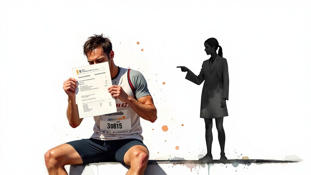 A male athlete sits looking at a document while a woman's silhouette points at him.
