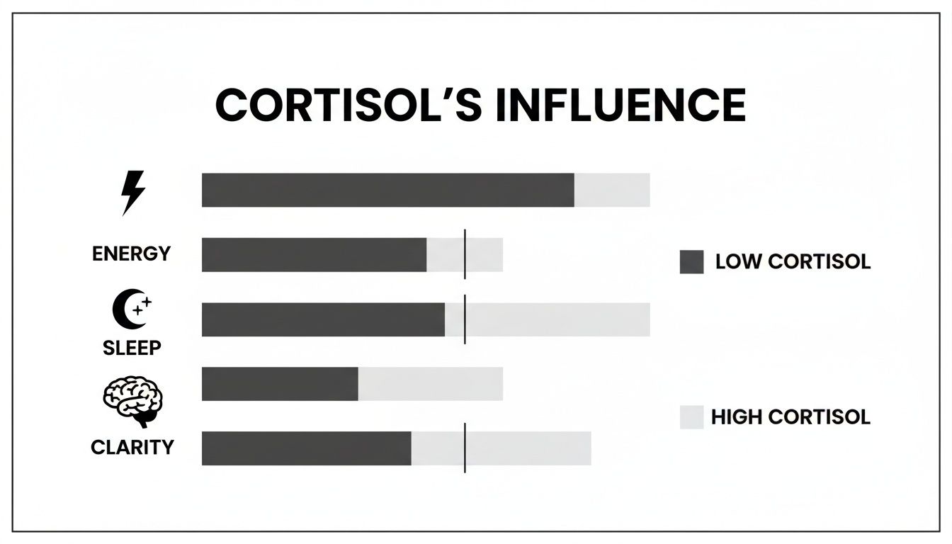 Bar chart illustrating cortisol's influence on energy, sleep, and clarity, comparing low and high levels.