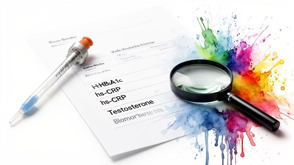 Blood test results document, syringe, and magnifying glass over colorful watercolor splashes, indicating health analysis.