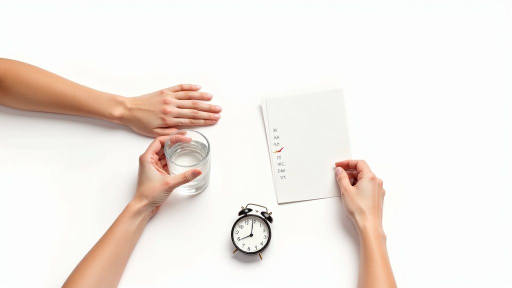 Hands holding glass of water with checklist and alarm clock for daily vitamin supplement schedule